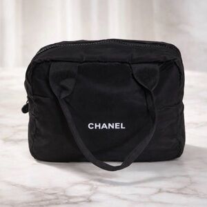 Chanel Black Cosmetic Puffy Pouch Makeup Bag Mini Boston Bag W/Handled